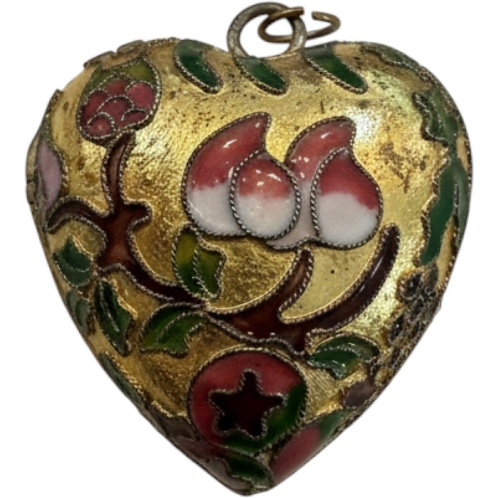 Vintage Cloisonne Enamel Puffed Heart Floral Pendant Gold Tone 1.25in Victorian